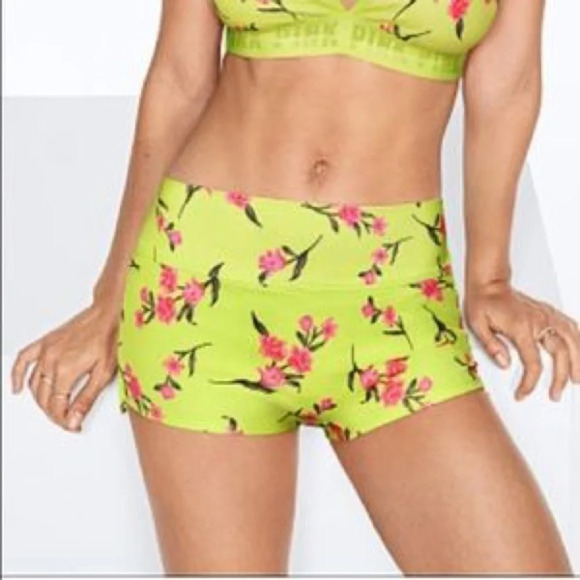 VS PINK Sport Gym to Swim Neon yellow floral shorts NWT shorties - Picture 1 of 5